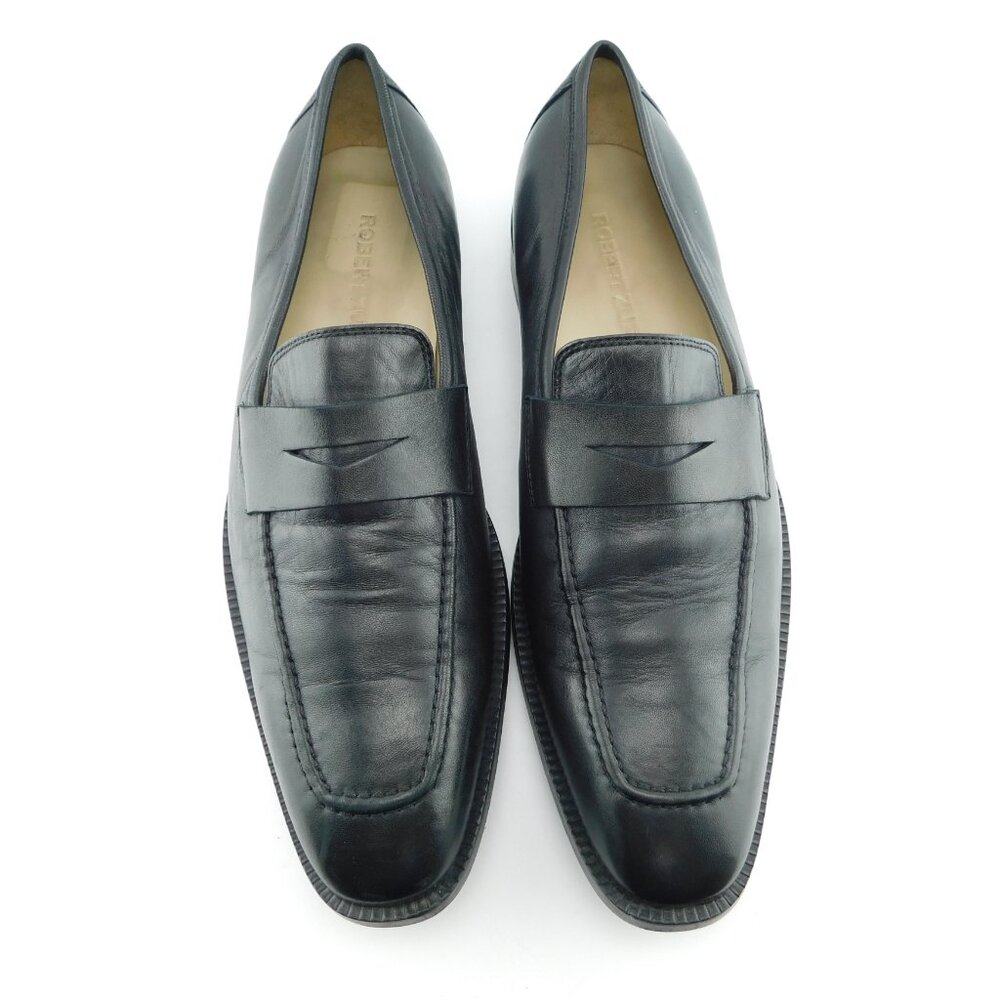 ROBERT ZUR Black Leather Slip-on Penny Loafers 12